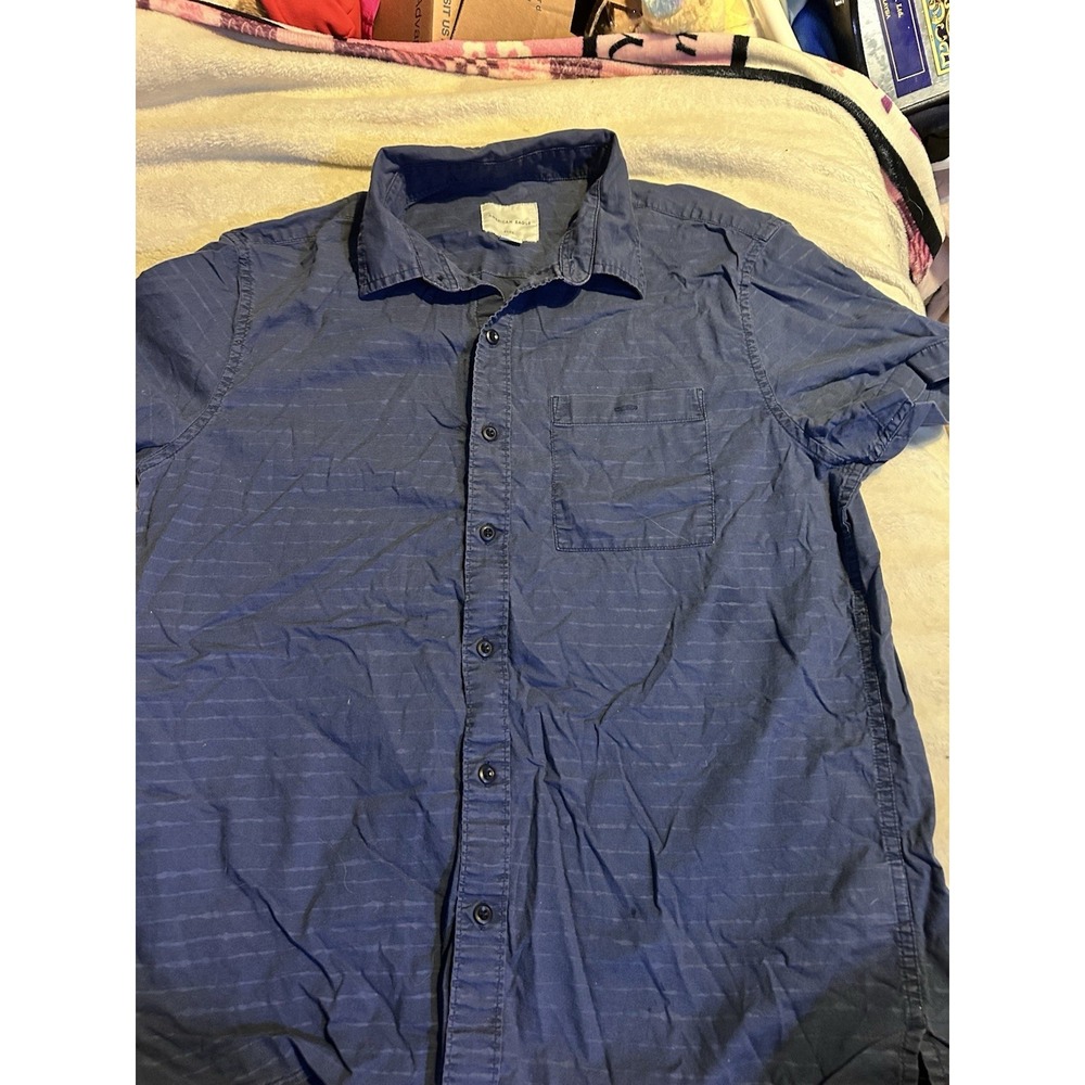 American Eagle Flex Mens Medium‎ Blue Short Sleeve Button Up Shirt Stretch